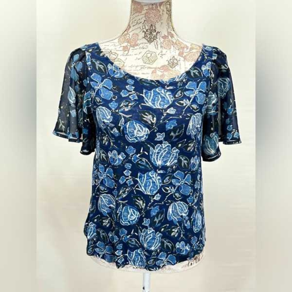 Floral Blue Sheer Sleeve Top